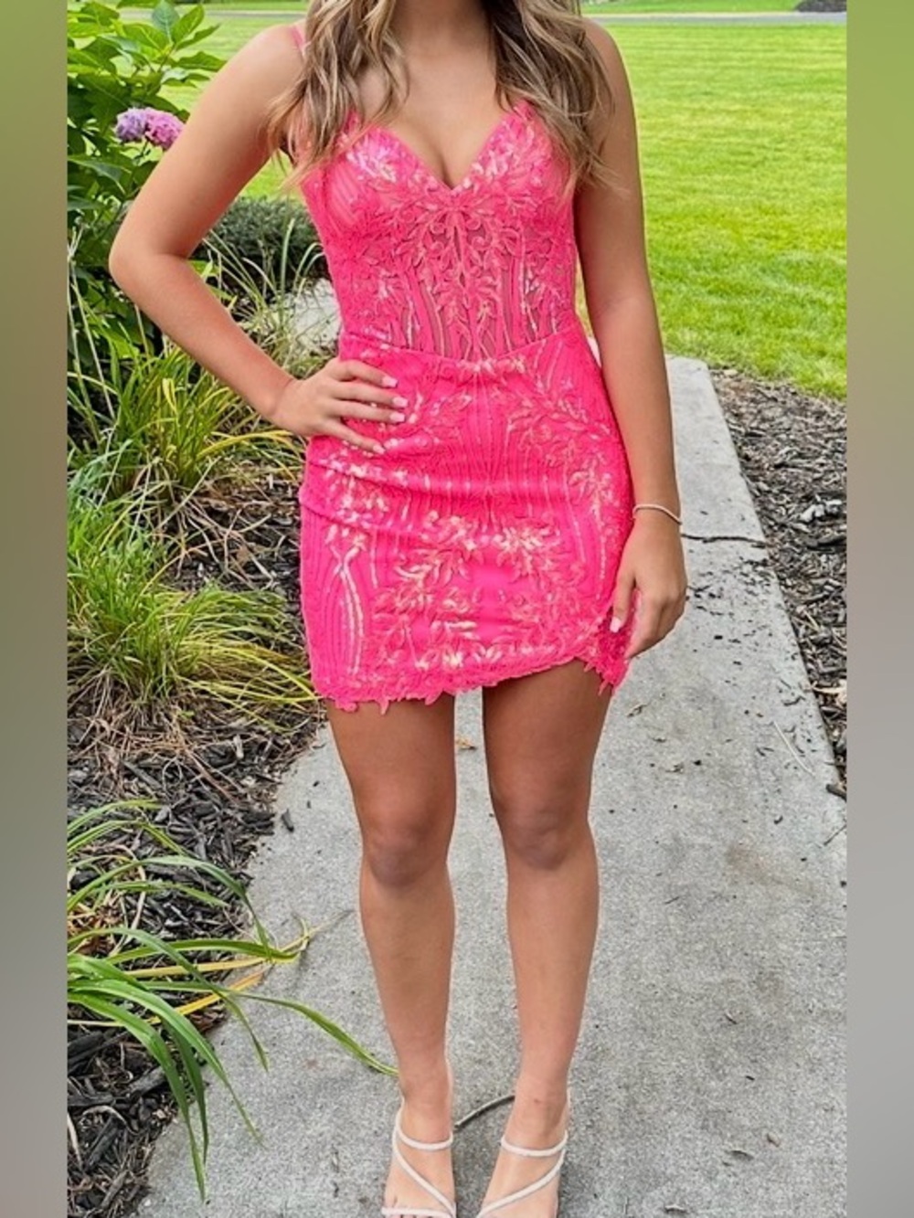 JVN by Jovani Neon Pink Lace Bodycon Mini Dress size 4
